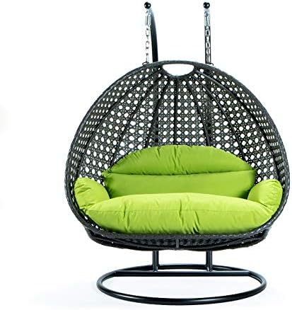 LeisureMod 2 Person Hanging Double Swing Chair, X-Large Wicker Rattan Egg Chair with Stand and Cushion for Indoor Outdoor Patio Garden (Light Green)