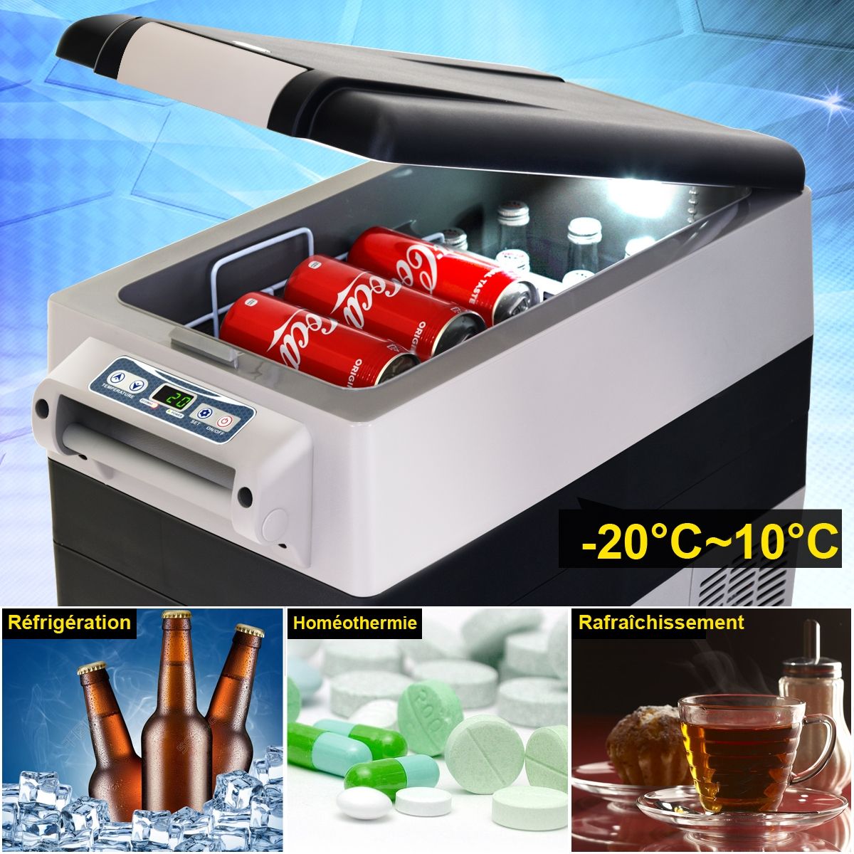 Réfrigérateur 52l de Voiture -20℃/+10℃ Mini Réfrigérateur Portable Ecran Lcd Adaptateur 69x34,5x52,5cm Noir+Gris