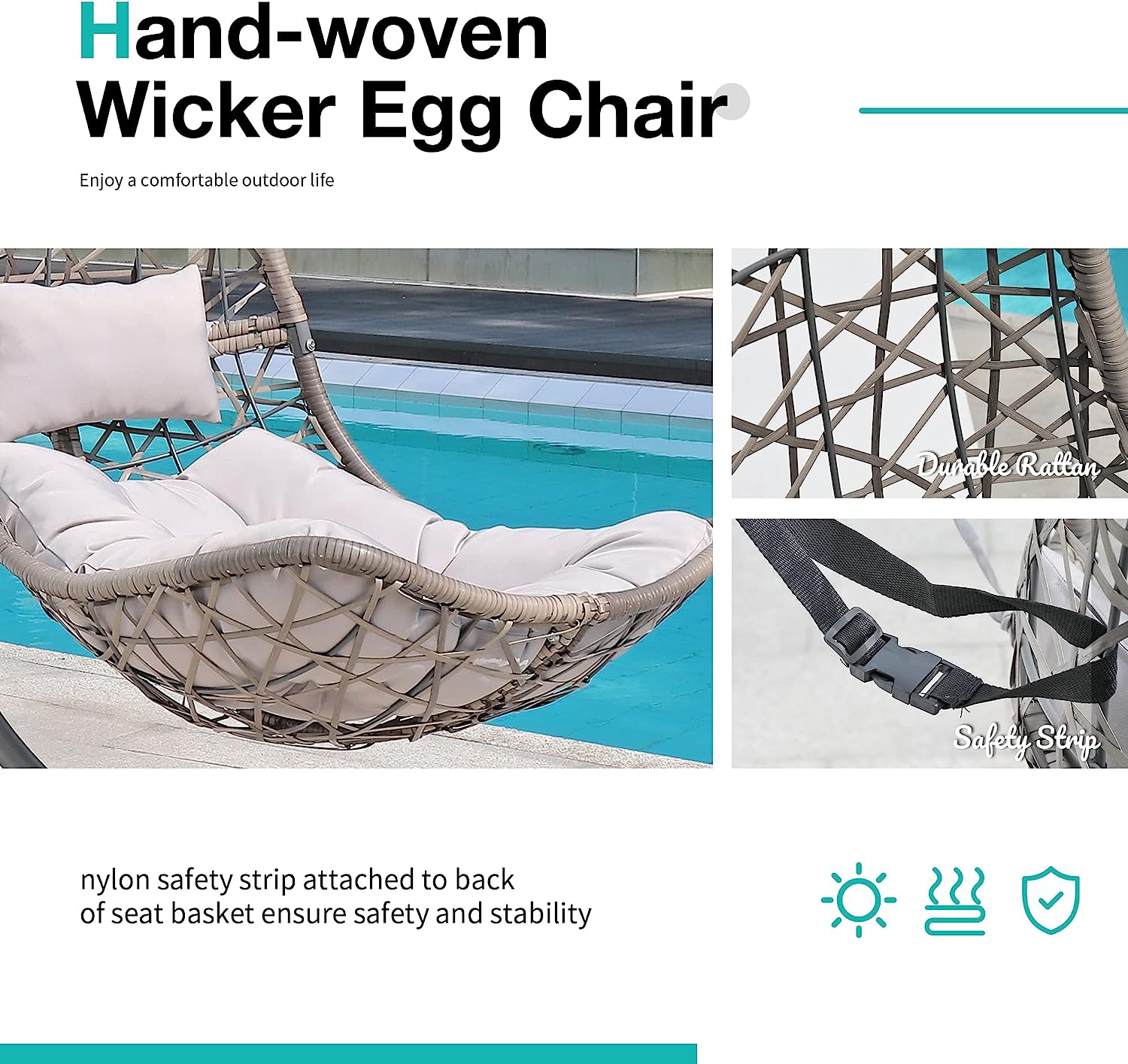 SUNSITT Swing Egg Chair Outdoor Indoor Wicker Hammock Hanging Chair Patio Lounge Chair with Stand and Cushions for Balcony, Deck, Bedroom, Grey Wicker