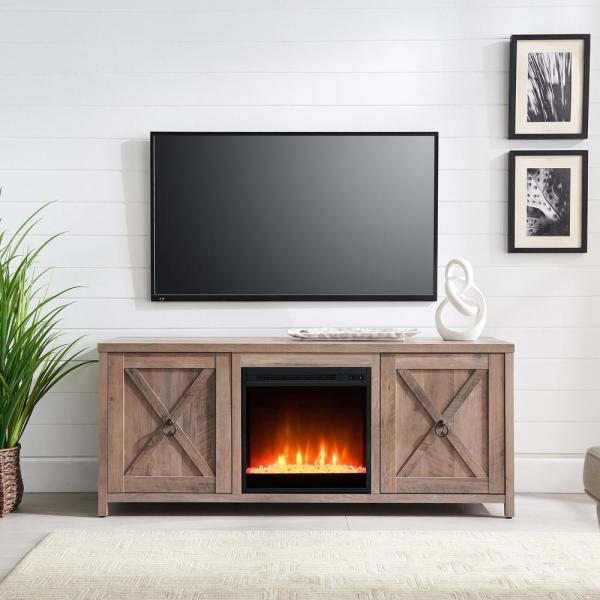 Granger 58 in. Gray Oak TV Stand with Crystal Fireplace Insert