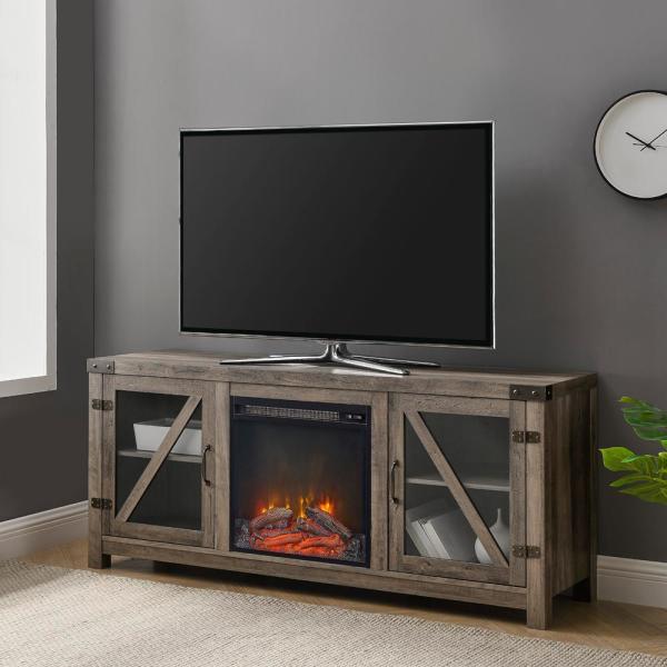 58 in. Grey Wash Glass Barn Door Fireplace Console