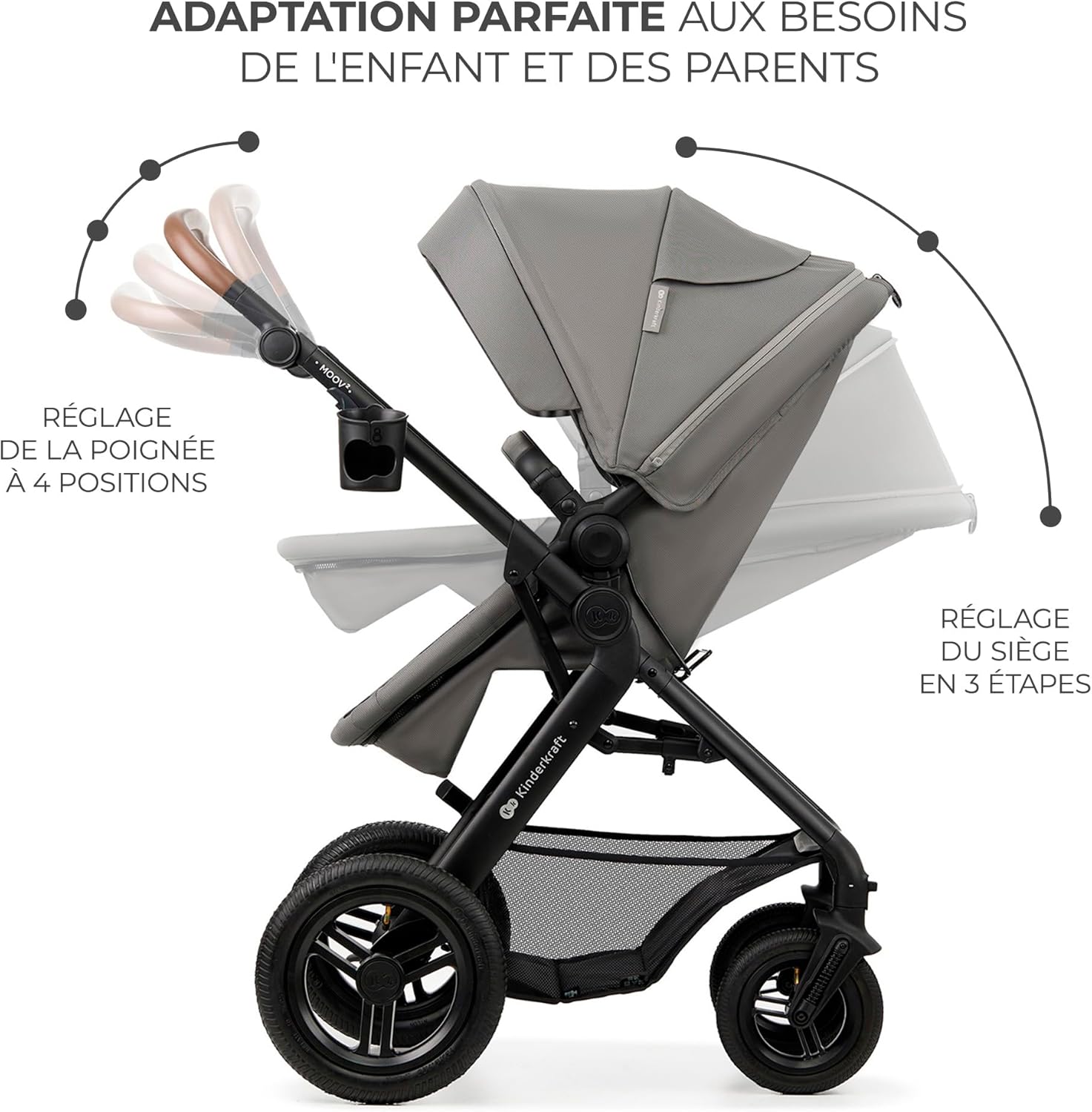 Kinderkraft MOOV2 Poussette 3 en 1, Système de voyage de la naissance à 27 kg, Siège auto Mink PRO I-Size inclus, Capote extensible avec filtre UPF50+, Accessoires pratiques, Gris