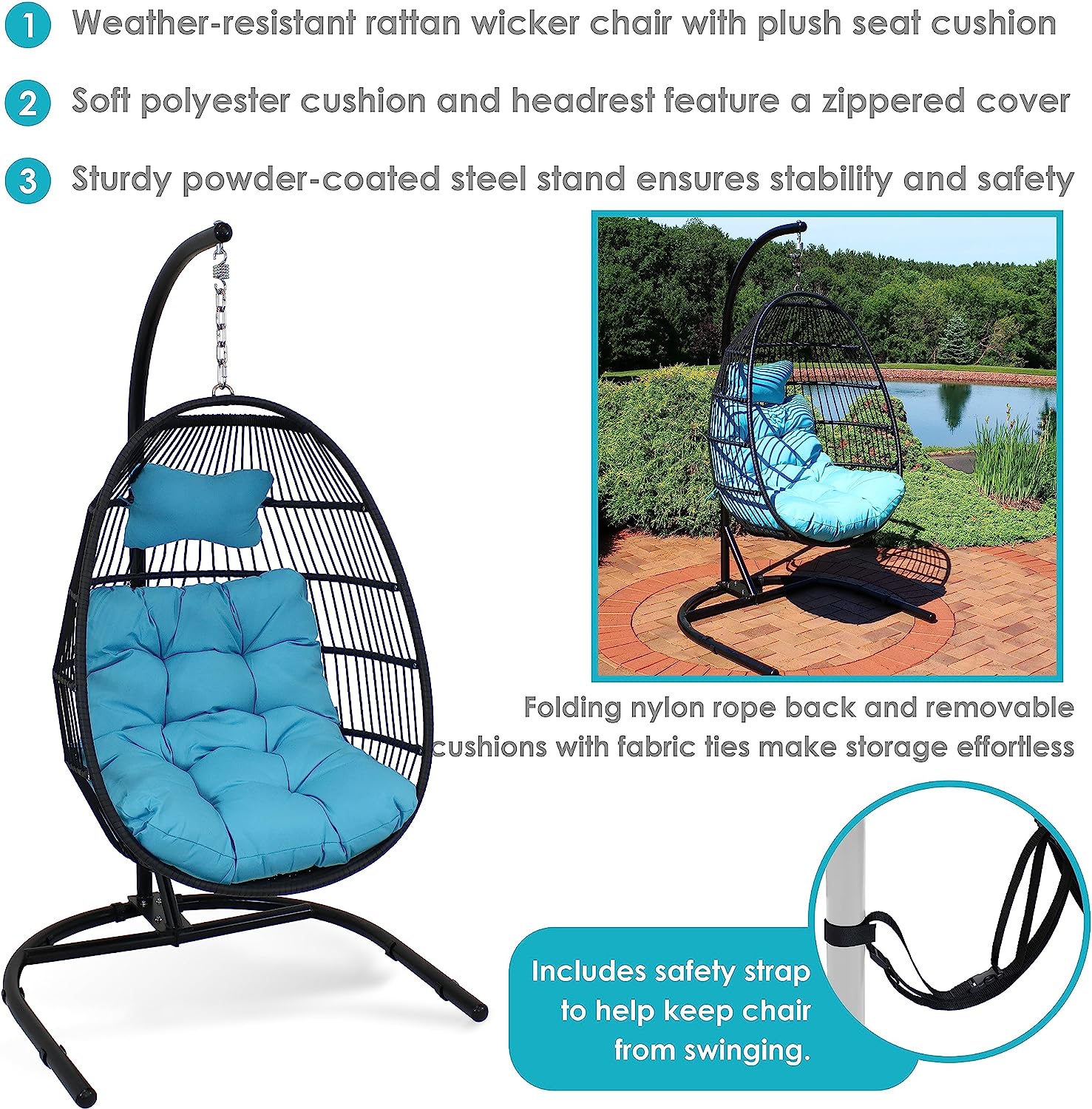 Sunnydaze Julia Hanging Egg Chair with Stand and Red Cushions - Comfy Collapsible Outdoor Egg Chair Swing with Stand - Black Polyethylene Wicker Rattan Frame with Steel Stand - 76 Inches Tall