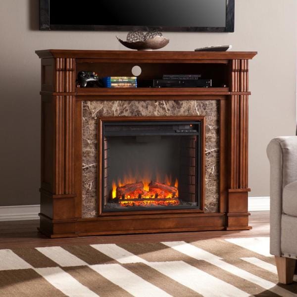 Rochester 48 in. Faux Stone Electric Fireplace TV Stand in Whiskey Maple