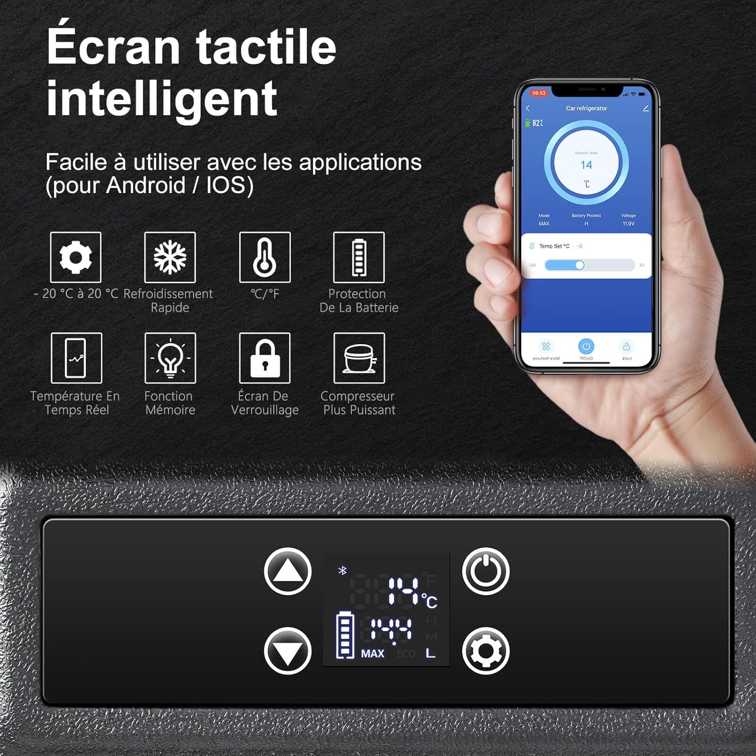 AAOBOSI 45L Glacière à Compresseur, Glaciere Électrique -20℃ à 20℃, Frigo Camion APP&Bouton Contrôle, 12/24V DC et 100-240V AC Glaciere Camping Pour Voiture, Camion, Bateau et Prise De Courant