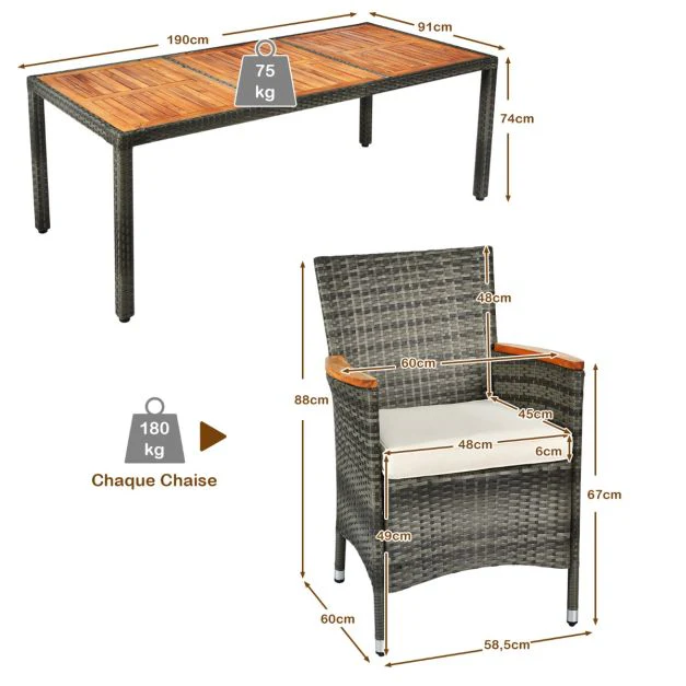 Salon de jardin avec 1 table et 8 chaises en bois et rotin anti-uv pieds réglables et coussins imperméables inclus 20_0009211