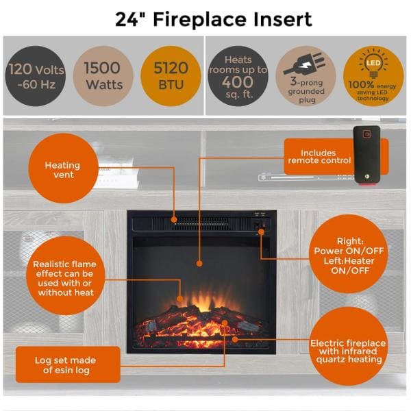 58 in. Gray Electric Fireplace TV Stand Fits TV's up to 65 in. with 2-Storage Shelves and Metal Mesh Barndoor Cabinet