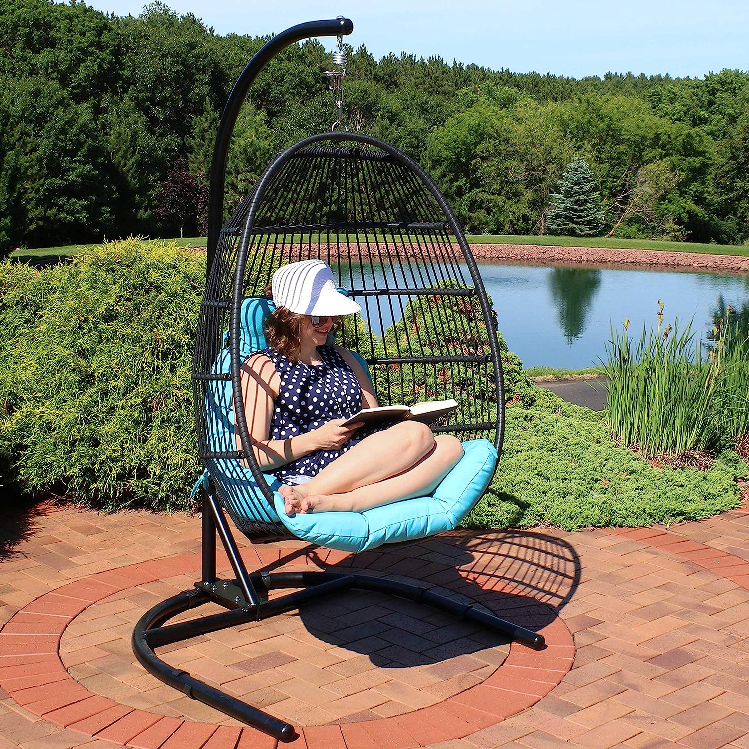 Sunnydaze Julia Hanging Egg Chair with Stand and Red Cushions - Comfy Collapsible Outdoor Egg Chair Swing with Stand - Black Polyethylene Wicker Rattan Frame with Steel Stand - 76 Inches Tall