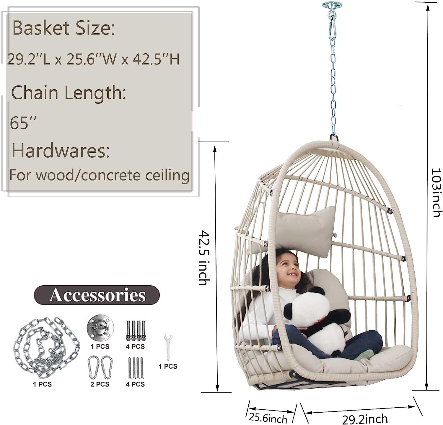 NICESOUL Hanging Egg Chair Without Stand PE Wicker Swing Hammock Egg Basket Ceiling Chairs with Cushions 265lbs Capaticy for Bedroom Living Room Patio Backyard Balcony (Brown)