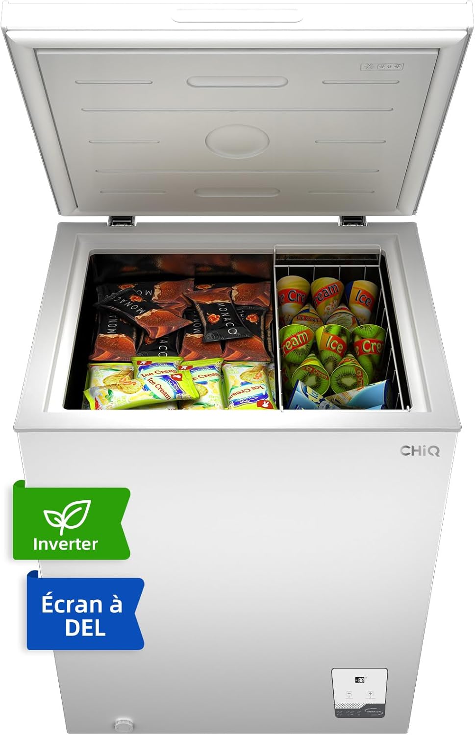Congélateur coffre CHiQ 142L, 63,5 x 55,6 x 83,5cm, Congélateur Inverter, Affichage de la température extérieure, Mode de congélation rapide -32℃, Grille métallique,Faible bruit