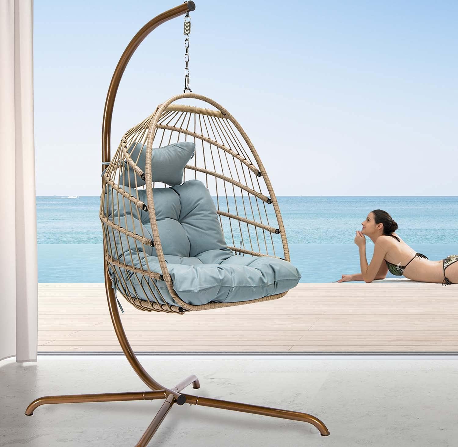 RADIATA Foldable Wicker Rattan Hanging Egg Chair with Stand, Swing Chair with Cushion and Pillow, Lounging Chair for Indoor Outdoor Bedroom Patio Garden (Beige with Stand)