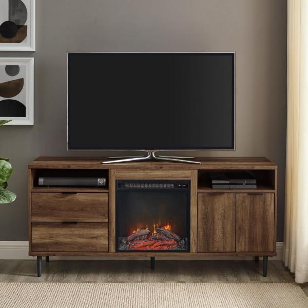 60 in. Reclaimed Barnwood Wood and Metal TV Stand with 2-Drawers Fits TVs up to 65 in. with Electric Fireplace