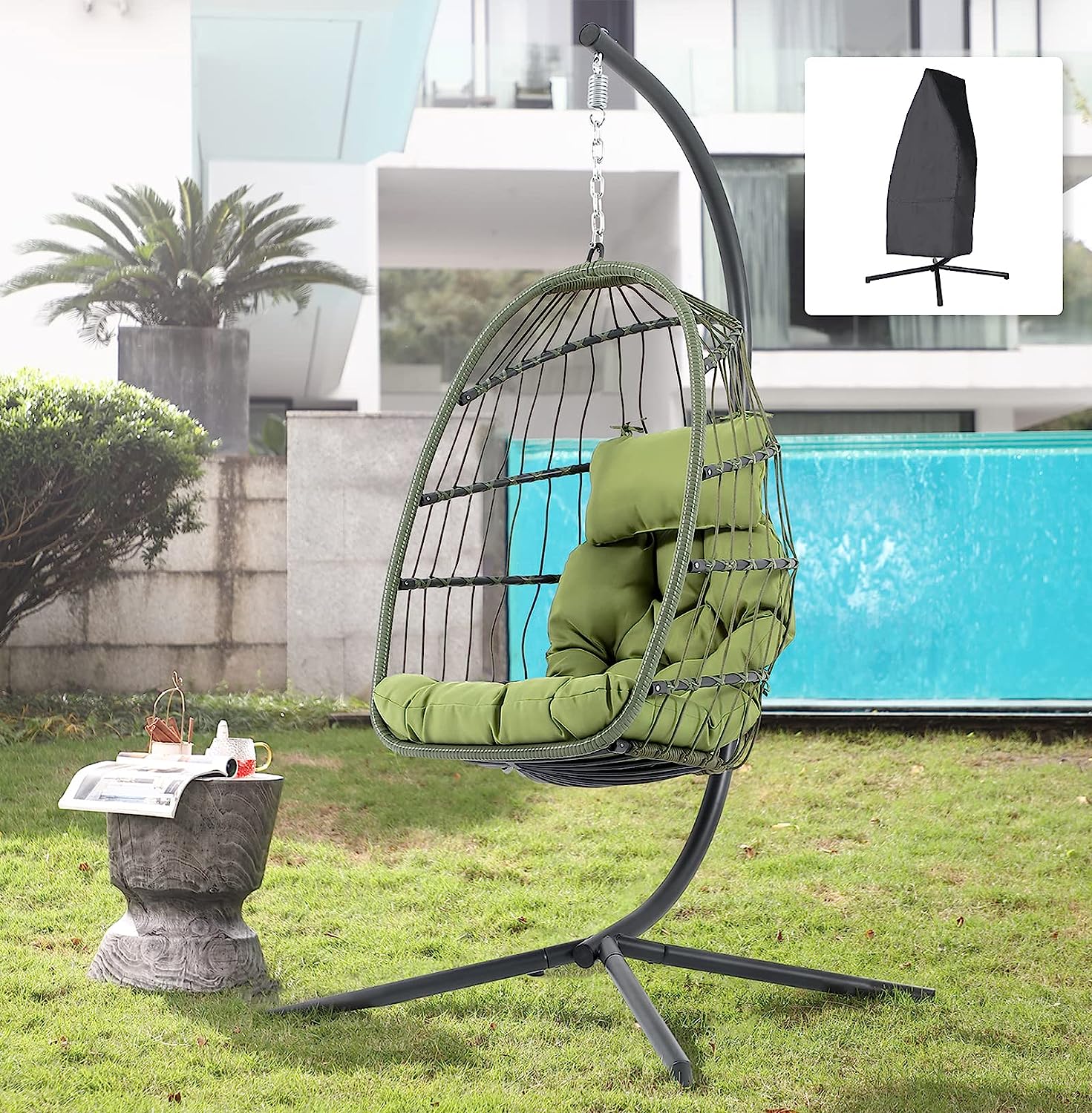 Patiorama Indoor Outdoor Egg Swing Chair with Stand, Patio Grey Wicker Rattan Hanging Chair with Rope Back, Cushion,Cover,All Weather Foldable Hammock Chair for Bedroom, Garden (Light Grey)