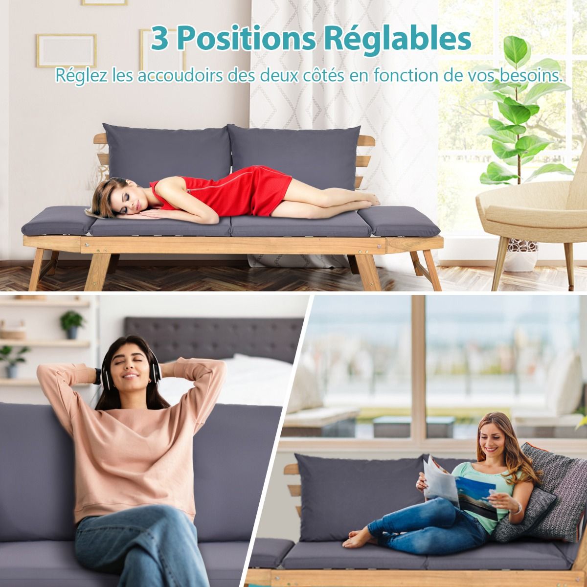 Chaise Longue Convertible avec Coussin Canapé de Jardin 2 en 1 en Bois d’Acacia avec Accoudoir Réglable pour Patio Piscine Jardin Blanc/Gris/Bleu/Rouge