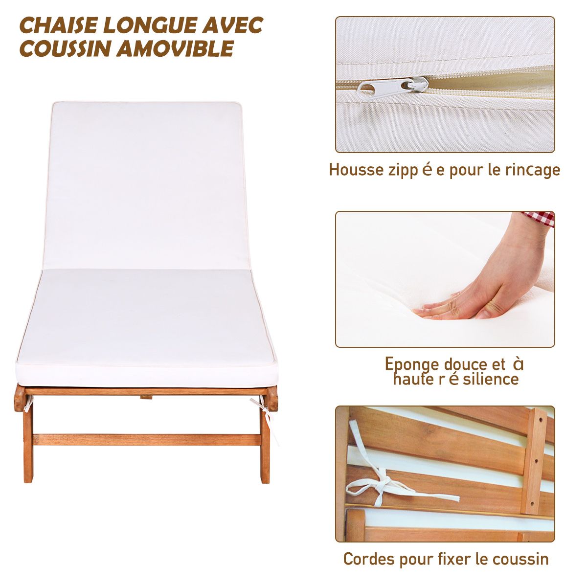 Chaise Longue Pliable en Bois avec 2 Roues et un Coussin Amovible Dossier Réglable Capacité Portante 160KG Idéal pour L’extérieur