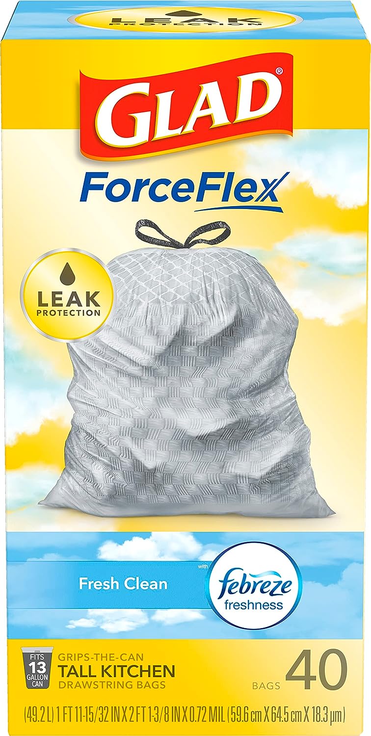 Glad ForceFlex Protection Series, Tall Kitchen Trash Bags, 13 Gal, Fresh Clean with Febreze, 110 Count (Packaging May Vary)