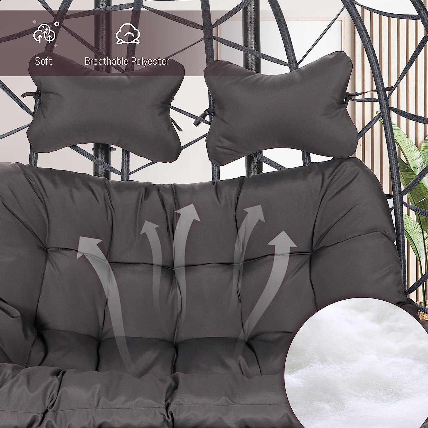 Swing Egg Chair Without Stand Indoor Outdoor Wicker Rattan Patio Basket Hanging Chair with UV Resistant Cushions 265lbs Capaticy for Bedroom Balcony Patio (Without Stand)