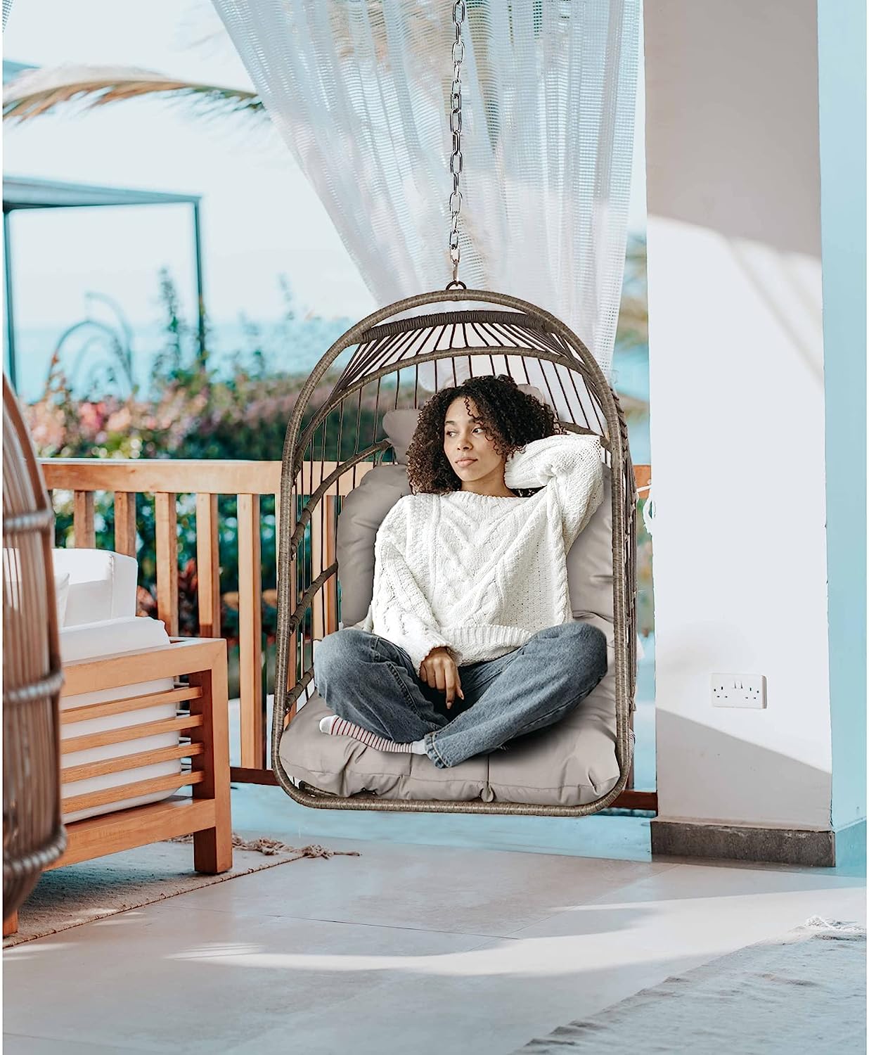 Chihee Egg Chair Foldable Wicker Rattan Hanging Chair Swing Chair Indoor Outdoor Patio Wicker Chair Hammock Chair with Stainless Steel Hanging Kit Chain Link UV Resistant Cushion Bedroom Balcony