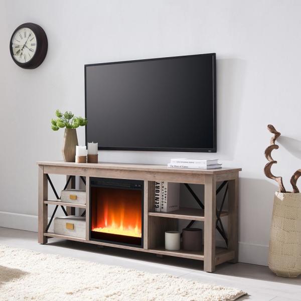 Sawyer 58 in. Gray Oak TV Stand Fits TV's up to 65 in. with Crystal Fireplace Insert