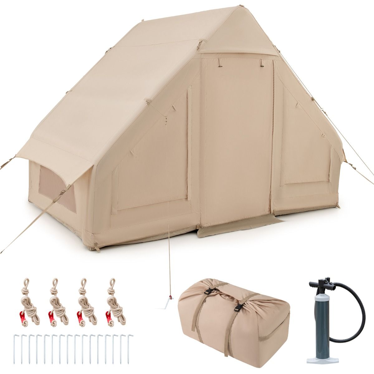 Tente de Camping Gonflable 6 m² pour 4-6 Personnes Tente en Coton Coupe-vent et Imperméable avec Pompe 7 Fenêtres à Moustiquaire Beige