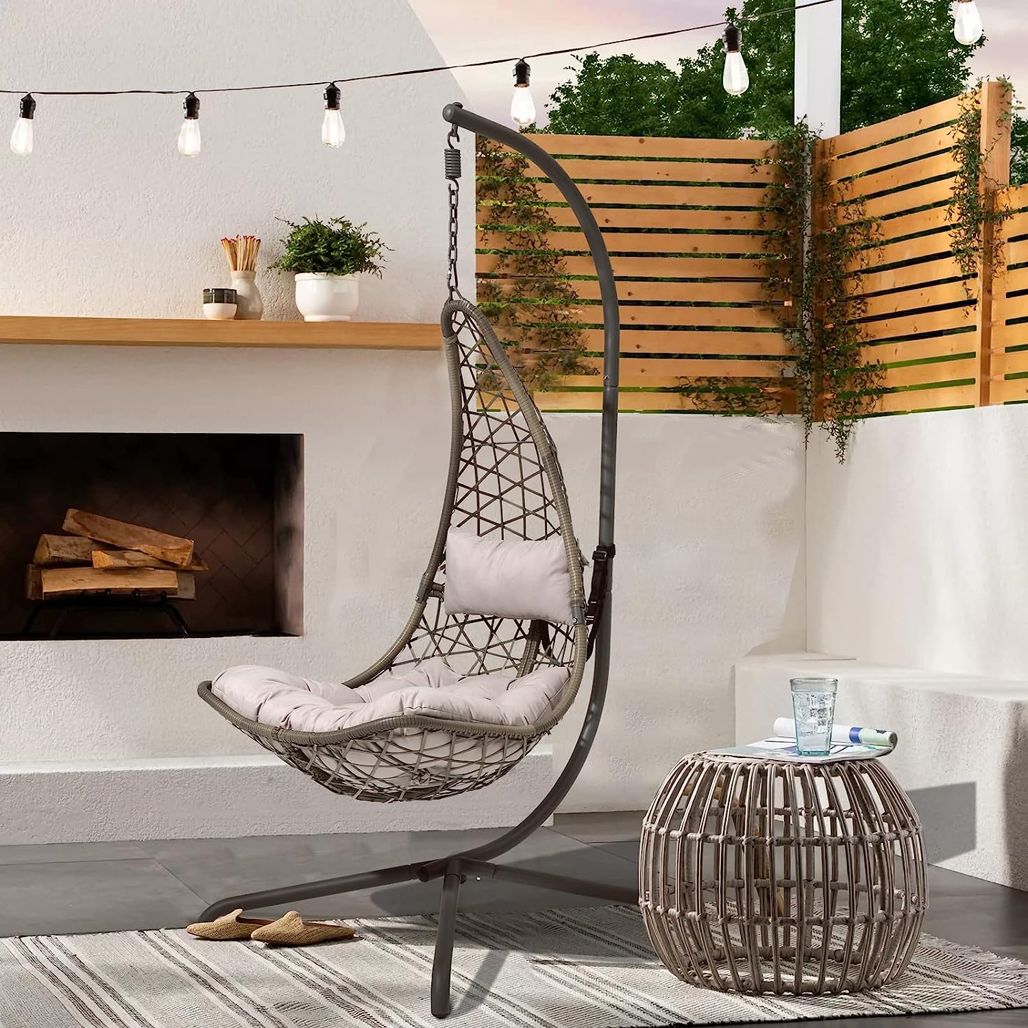 SUNSITT Swing Egg Chair Outdoor Indoor Wicker Hammock Hanging Chair Patio Lounge Chair with Stand and Cushions for Balcony, Deck, Bedroom, Grey Wicker