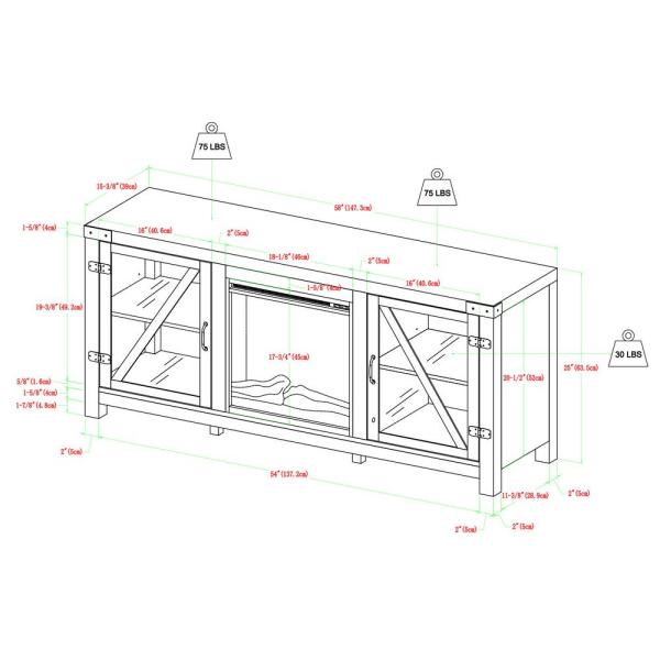 58 in. Grey Wash Glass Barn Door Fireplace Console