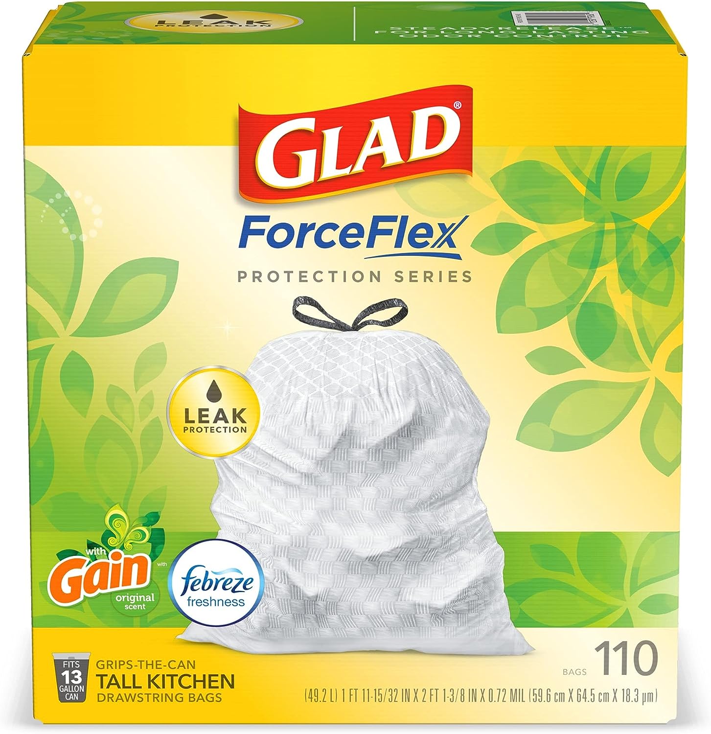 Glad Protection Series Force Flex Drawstring Gain Original Odor Shield 13 Gallon 1/110ct