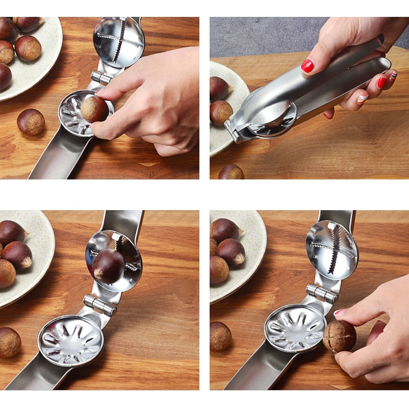 Nutcracker Chestnut Clip, 2 in 1 Stainless Steel Quick Nuts Cracker Kitchen Tools Chestnut Clip Walnut Pliers Metal Sheller Nut Opener Cutter Gadgets