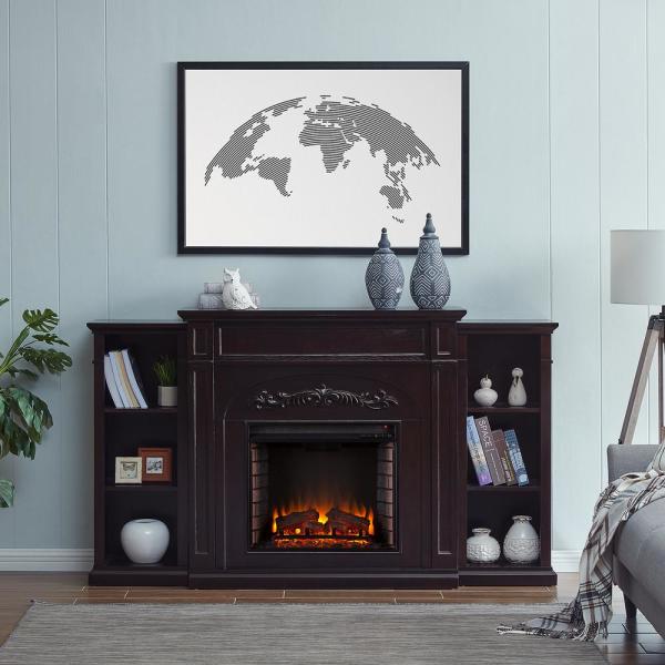 Overton 73 in. Electric Fireplace with Bookcases in Espresso