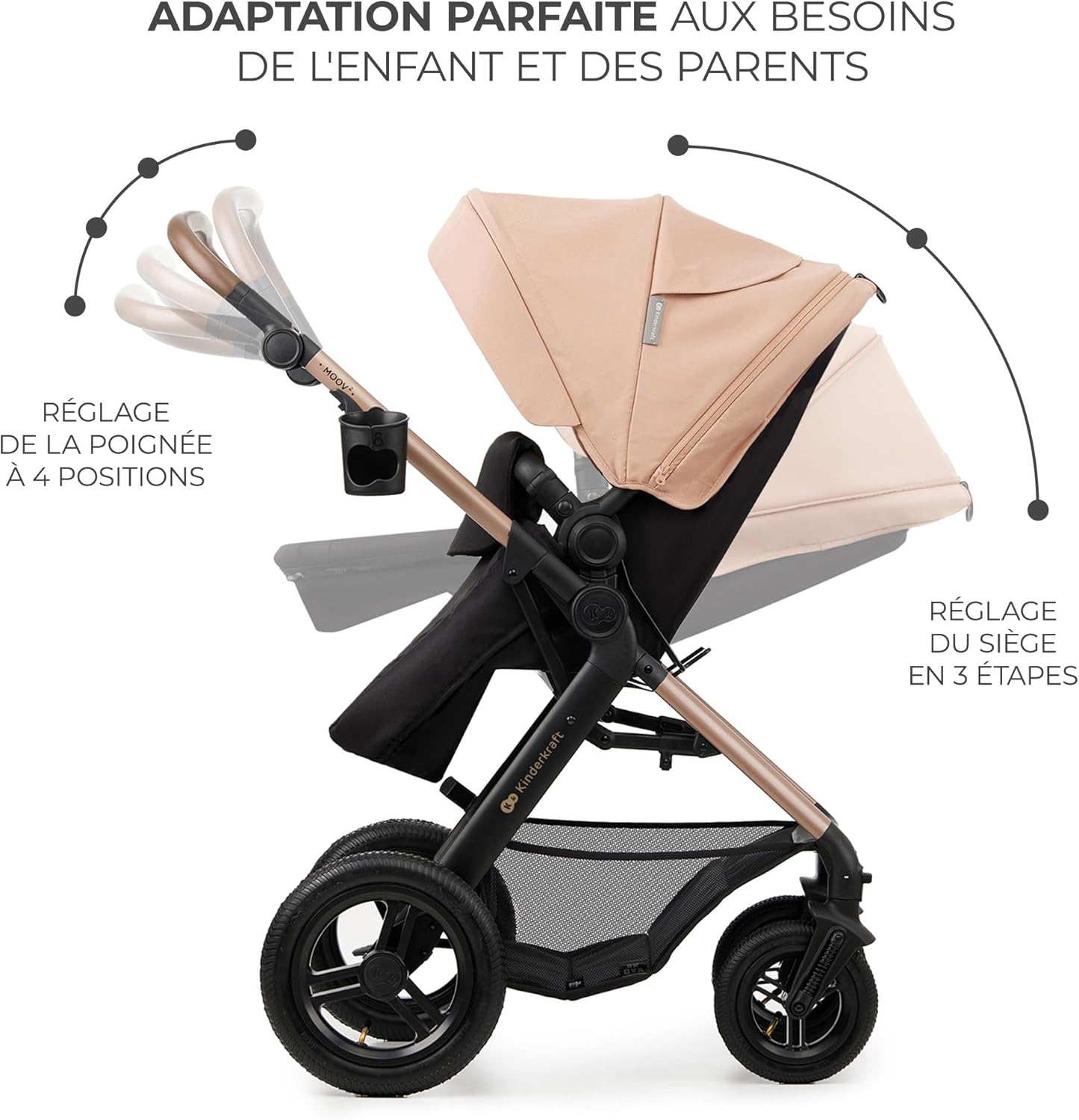 Kinderkraft MOOV2 Poussette 3 en 1, Système de voyage de la naissance à 27 kg, Siège auto Mink PRO I-Size inclus, Capote extensible avec filtre UPF50+, Accessoires pratiques, Gris