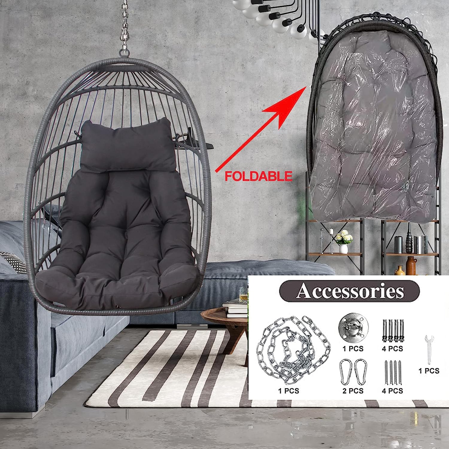 Swing Egg Chair Without Stand Indoor Outdoor Wicker Rattan Patio Basket Hanging Chair with UV Resistant Cushions 265lbs Capaticy for Bedroom Balcony Patio (Without Stand)