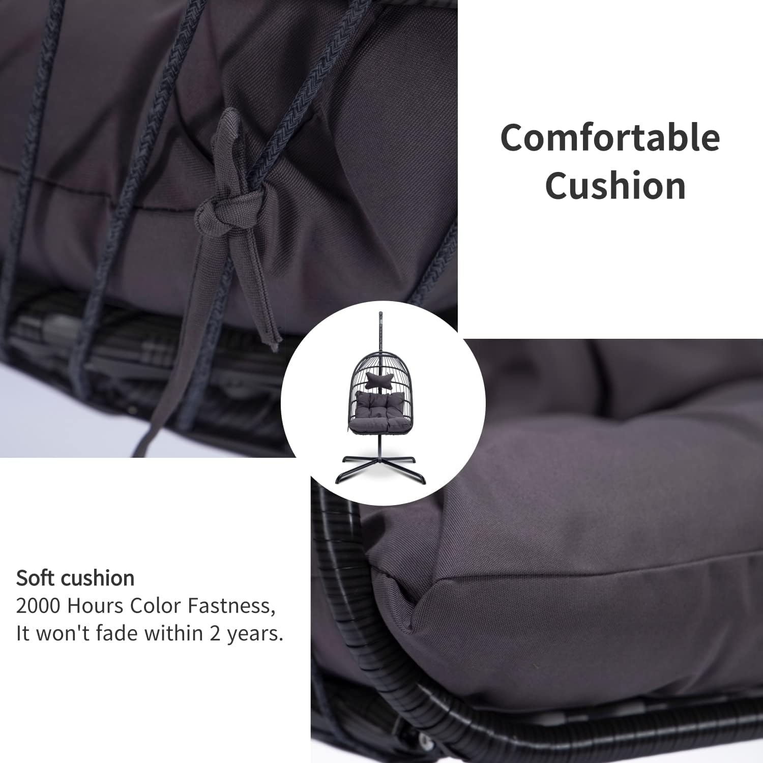 in Door Outdoor Patio Wicker Hanging Chair Swing Chair Patio Egg Chair UV Resistant Beige Cushion Aluminum Frame (Brown)