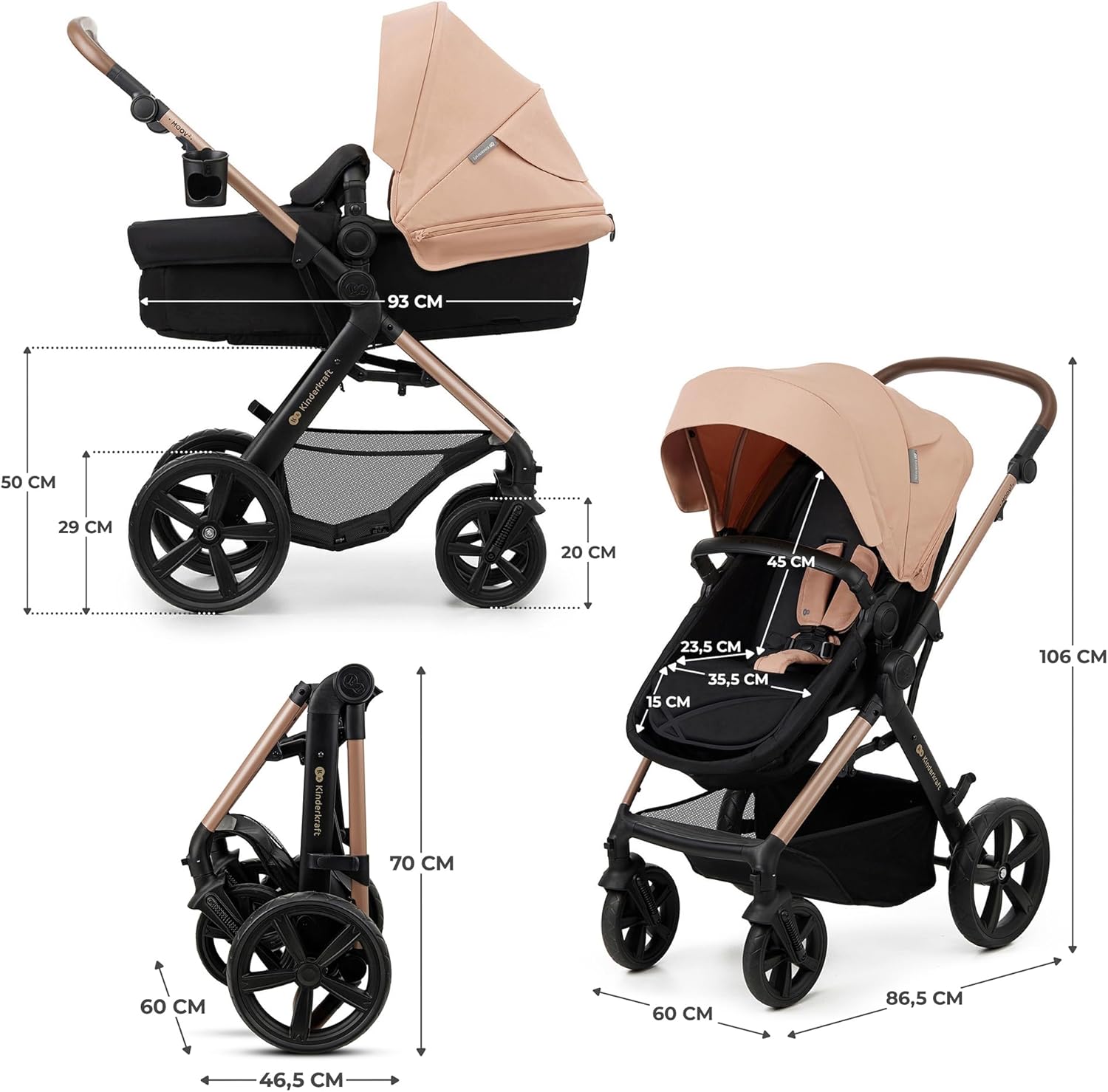 Kinderkraft MOOV2 Poussette 3 en 1, Système de voyage de la naissance à 27 kg, Siège auto Mink PRO I-Size inclus, Capote extensible avec filtre UPF50+, Accessoires pratiques, Gris