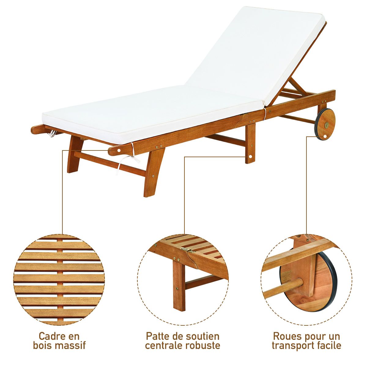 Chaise Longue Pliable en Bois avec 2 Roues et un Coussin Amovible Dossier Réglable Capacité Portante 160KG Idéal pour L’extérieur