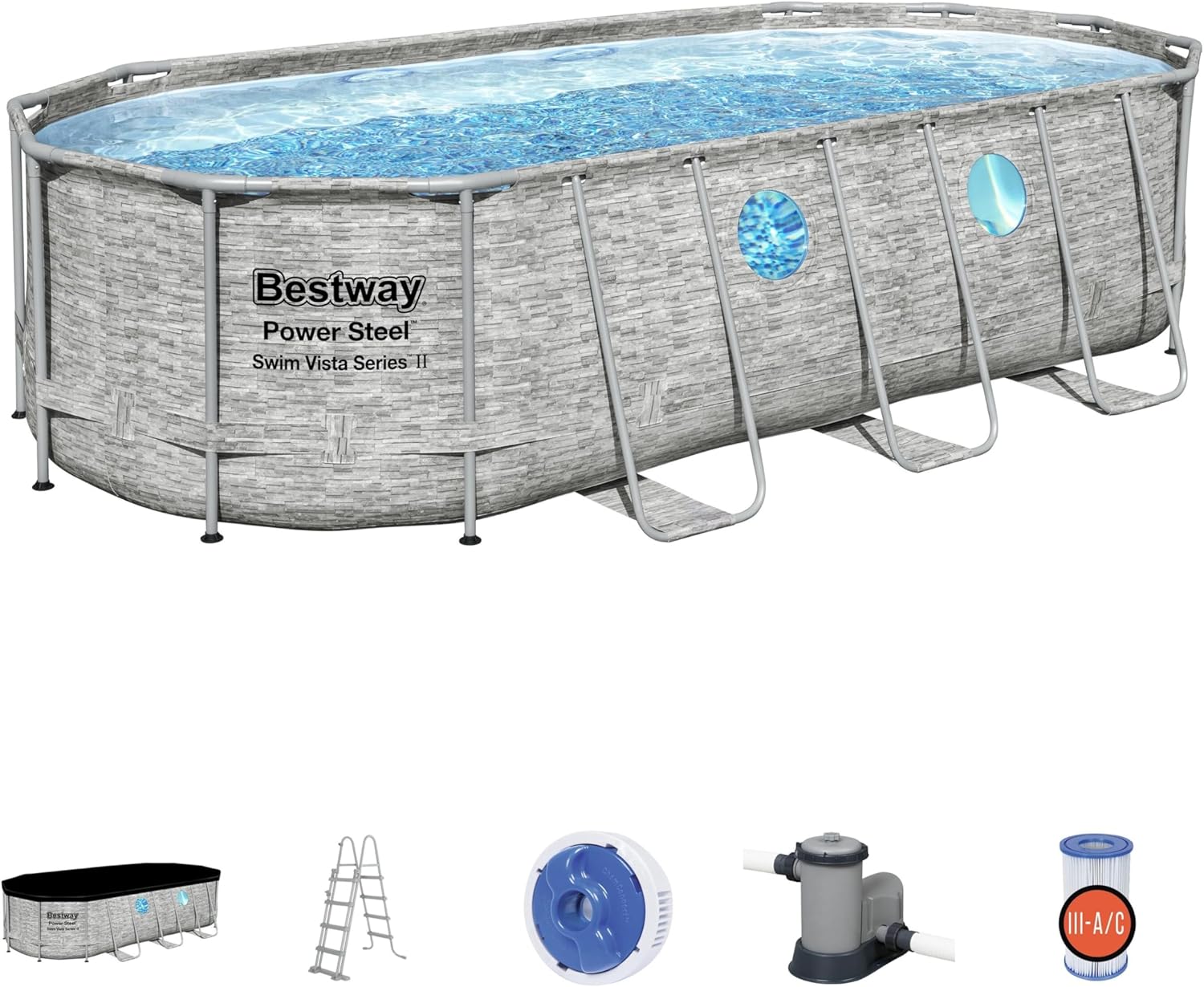 Bestway 56946 Piscine Power Steel™ Swim Vista ovale 488 x 305 x 107 cm motif rotin avec hublots, filtration à sable, échelle, bâche et diffuseur Chemconnect™