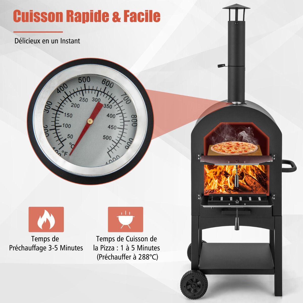Four à Pizza Extérieur au Charbon avec Pelle à Pizza Pierre à Pizza Housse Étanche Cheminée et Thermomètre Double Noir