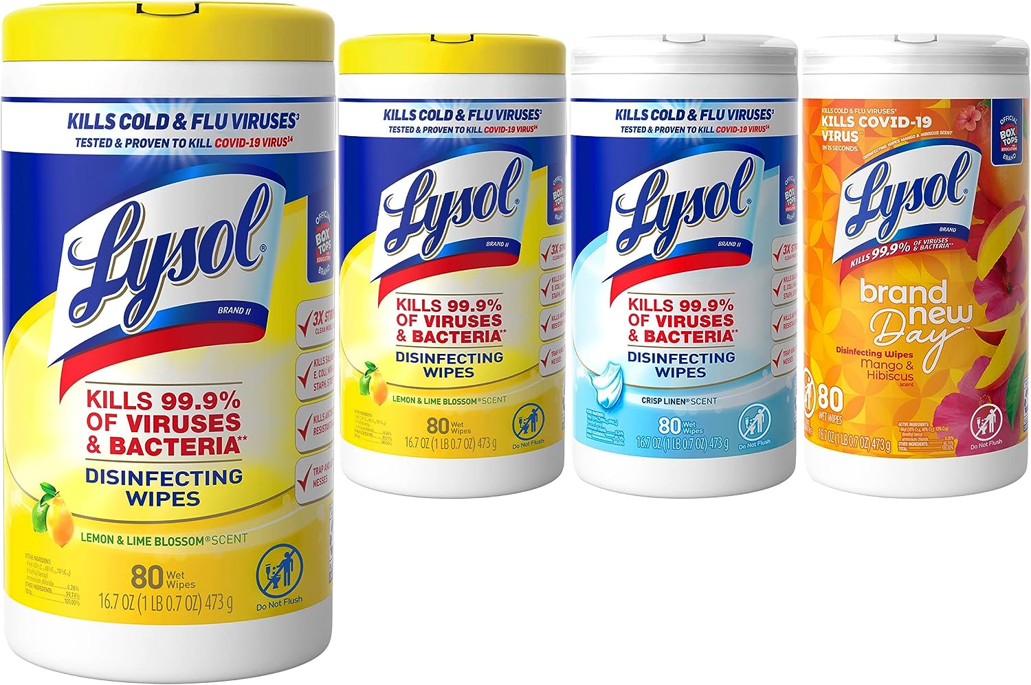 Lysol Disinfectant Wipes Bundle, Multi-Surface Antibacterial Cleaning Wipes, For Disinfecting & Cleaning, contains x2 Lemon & Lim Blossom (80ct) x1 Crisp Linen (80 Ct) & x1 Mango & Hibiscus (80 Ct)
