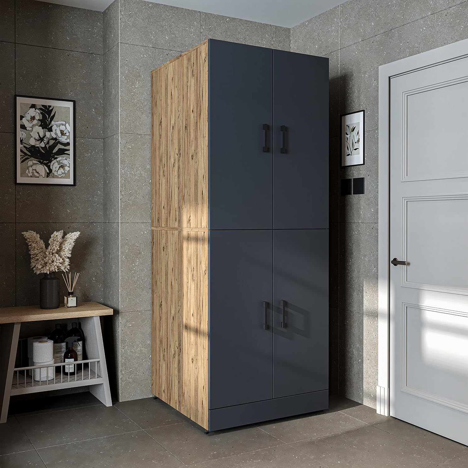 ROOMART Dora Armoire de machine à laver, pour sèche-linge et machine à laver, en 4 couleurs, avec portes et planche coulissante (chêne anthracite)