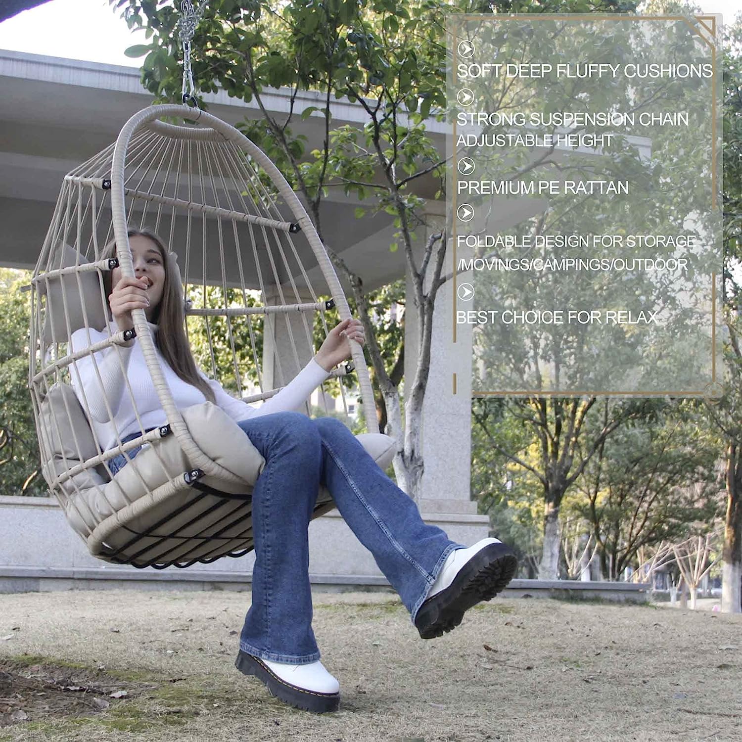 NICESOUL® Indoor Outdoor Patio Wicker Hanging Chair Swing Egg Basket Chairs with Stand UV Resistant Cushions 350lbs Capaticy for Patio Backyard Balcony Xmas Gift