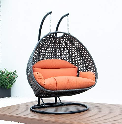 LeisureMod 2 Person Hanging Double Swing Chair, X-Large Wicker Rattan Egg Chair with Stand and Cushion for Indoor Outdoor Patio Garden (Light Green)