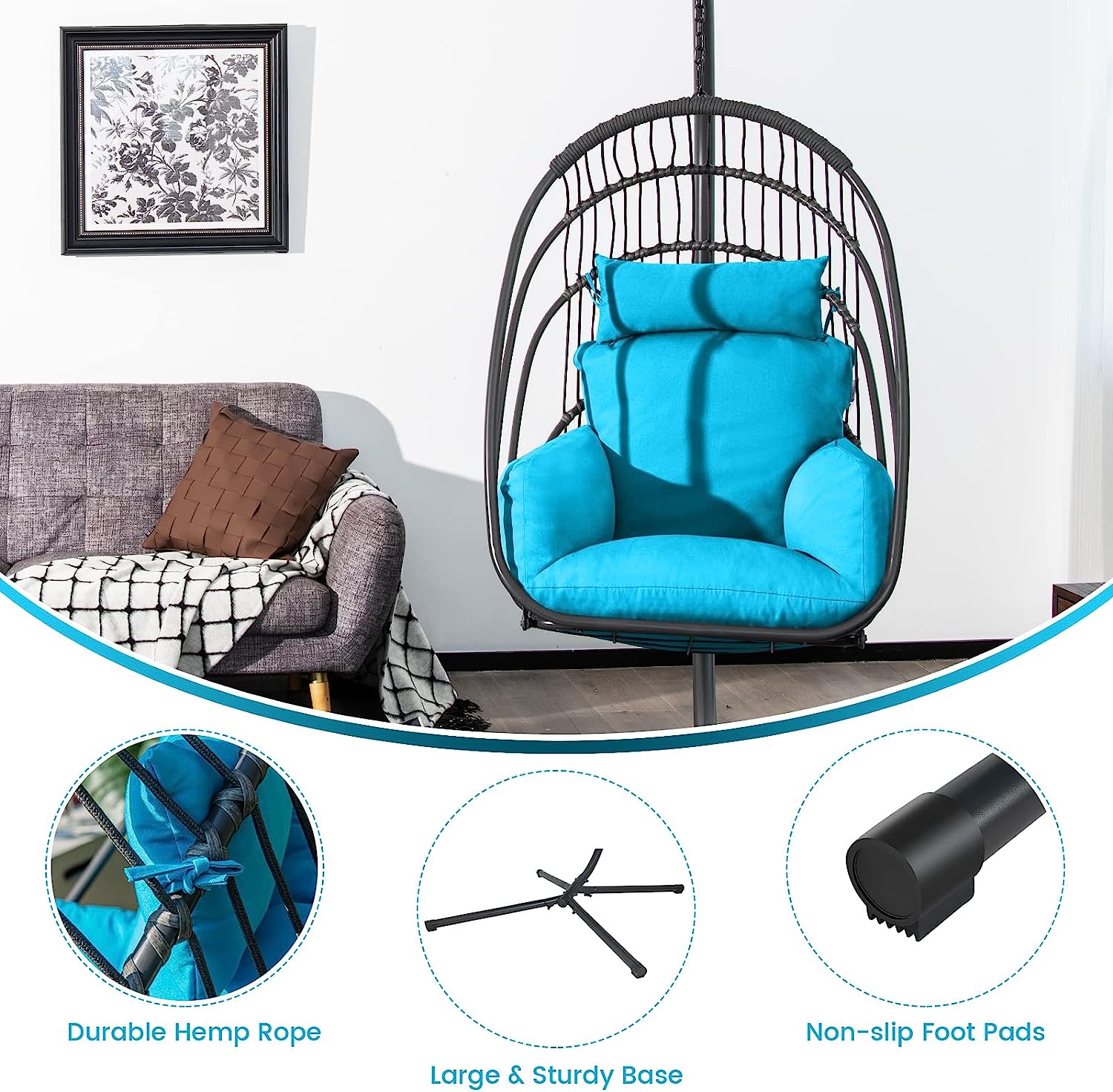 Giantex Egg Chair Hammock Stand - Hanging Swing with Stand, Folding Swinging Chair with Soft Cushion & Pillow, Wicker Rattan Hanging Chair for Bedroom,Garden, Patio Foldable Hammock Chair (Turquoise)