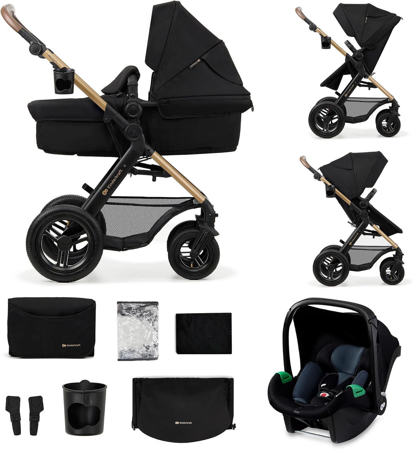 Kinderkraft MOOV2 Poussette 3 en 1, Système de voyage de la naissance à 27 kg, Siège auto Mink PRO I-Size inclus, Capote extensible avec filtre UPF50+, Accessoires pratiques, Gris