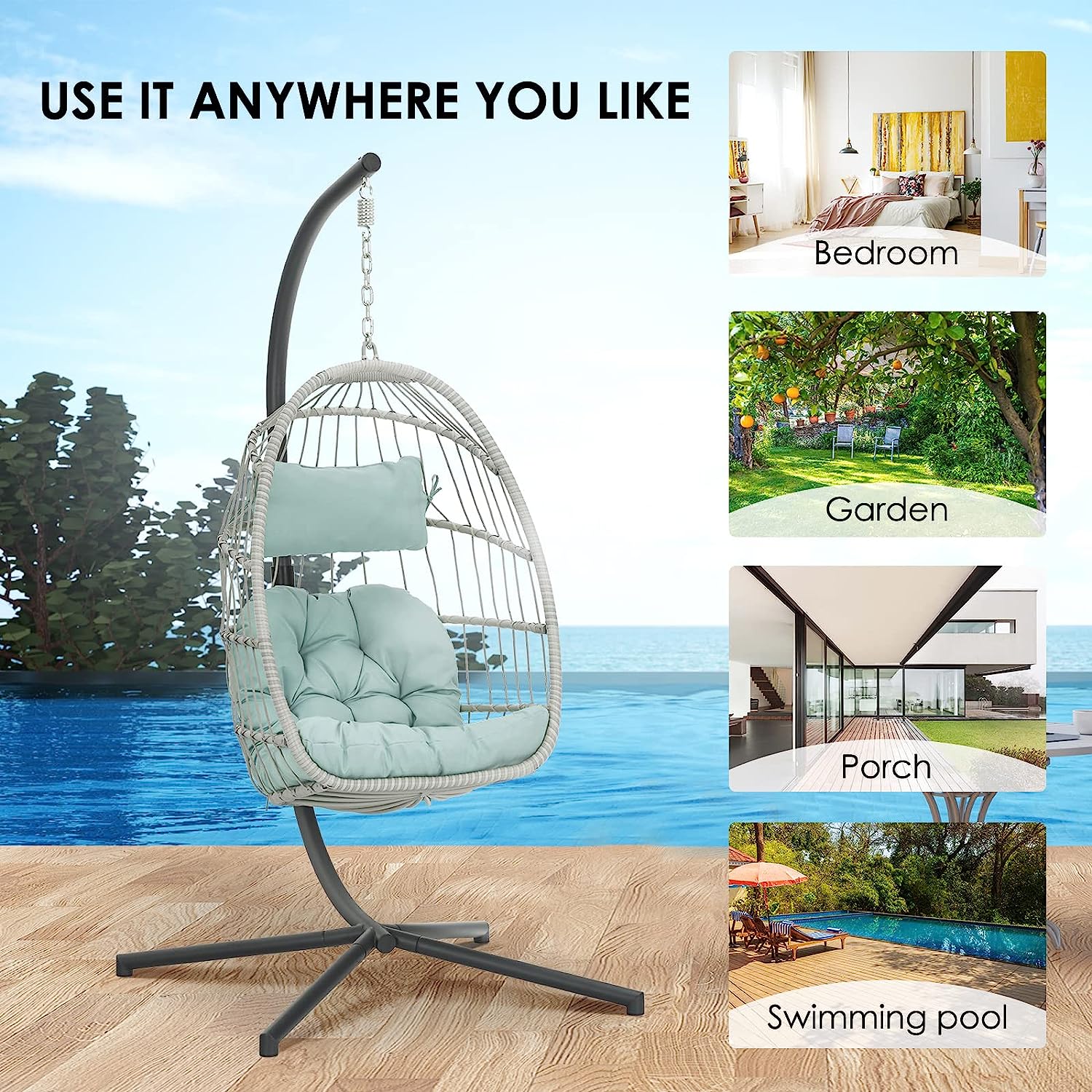 Egg Chair with Stand - Patio Rattan Wicker Hanging Swing Egg Chair Hammock Chair for Indoor Outdoor Bedroom Garden - Aluminum Steel Frame and UV Resistant Cushion 350LBS Capacity (Dark Grey)