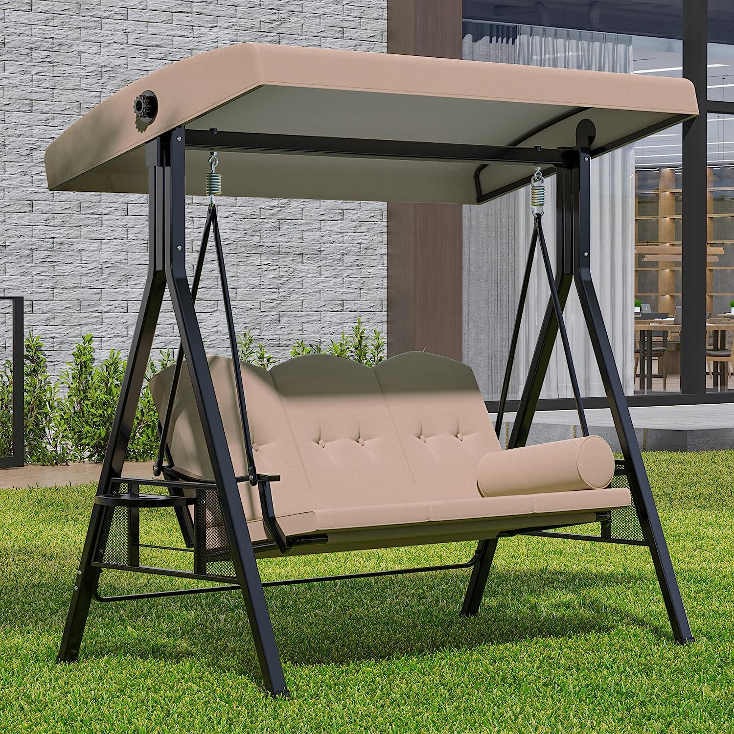 YITAHOME 3-Seat Deluxe Porch Swing Outdoor Heavy Duty Patio Swing Chair with Adjustable Canopy Removable Cushions Weather Resistant Steel Frame Suitable for Garden, Lawn, Backyard, Balcony, Navy Blue