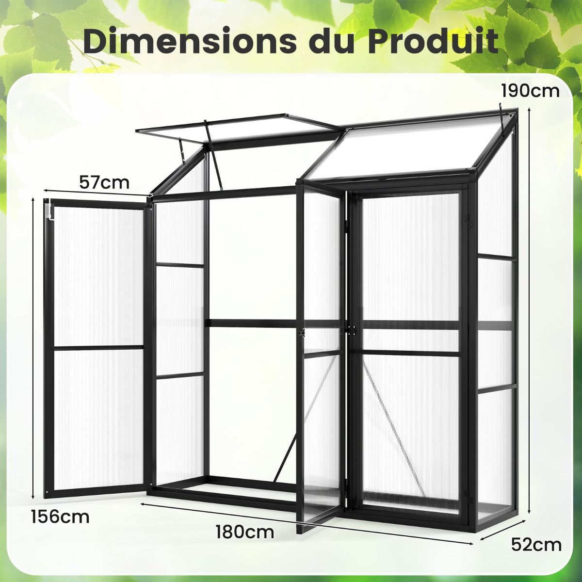 Serre de Jardin Extérieure en Aluminium Serre Mini Walk-in avec Lucarne et 3 Portes Fermables Plaques PC Résistantes au Soleil Noir