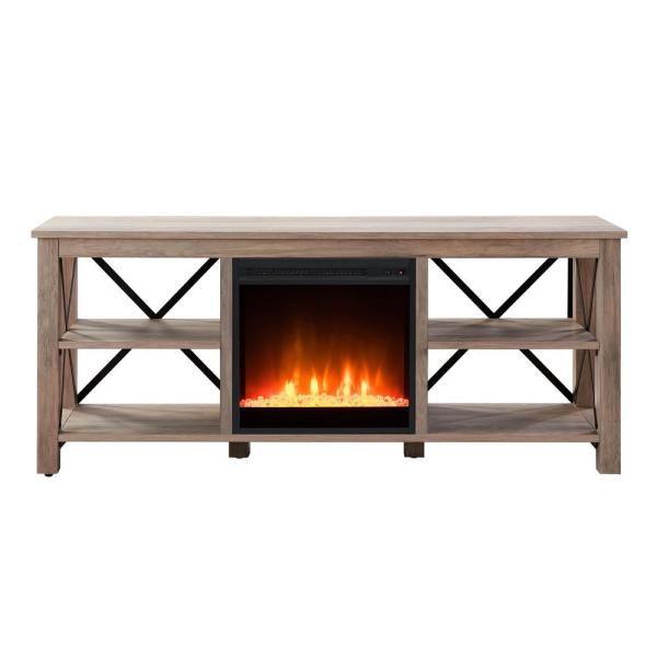 Sawyer 58 in. Gray Oak TV Stand Fits TV's up to 65 in. with Crystal Fireplace Insert