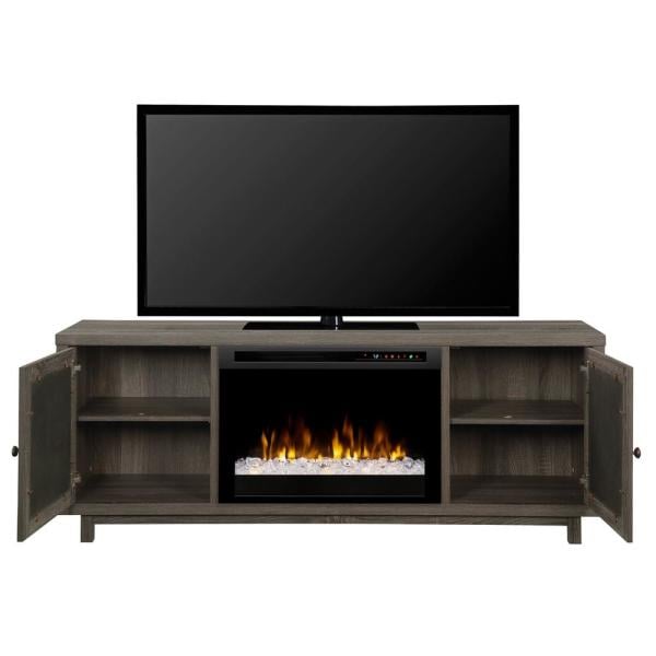 Jesse 65 in. Electric Fireplace and Glass Ember Bed in Iron Mountain Grey with 26 in. Media Console