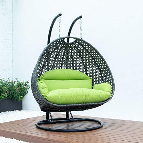 LeisureMod 2 Person Hanging Double Swing Chair, X-Large Wicker Rattan Egg Chair with Stand and Cushion for Indoor Outdoor Patio Garden (Light Green)