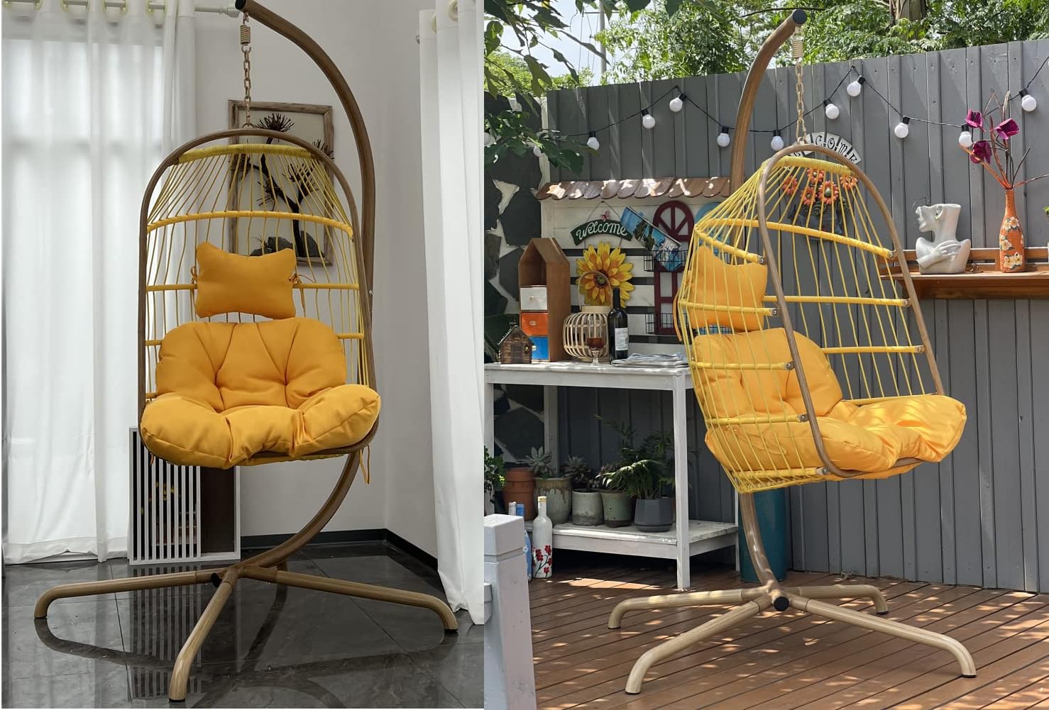 MOJIA Egg Chair with Stand and Oxford Cover, Patio Wicker Hanging Swing Chair with UV Resistant Cushion and Foldable Seat Basket