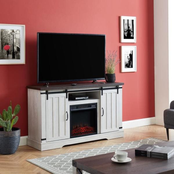 54 in. Freestanding Media Console Electric Fireplace TV Stand with Sliding Barn Door in Stone Gray